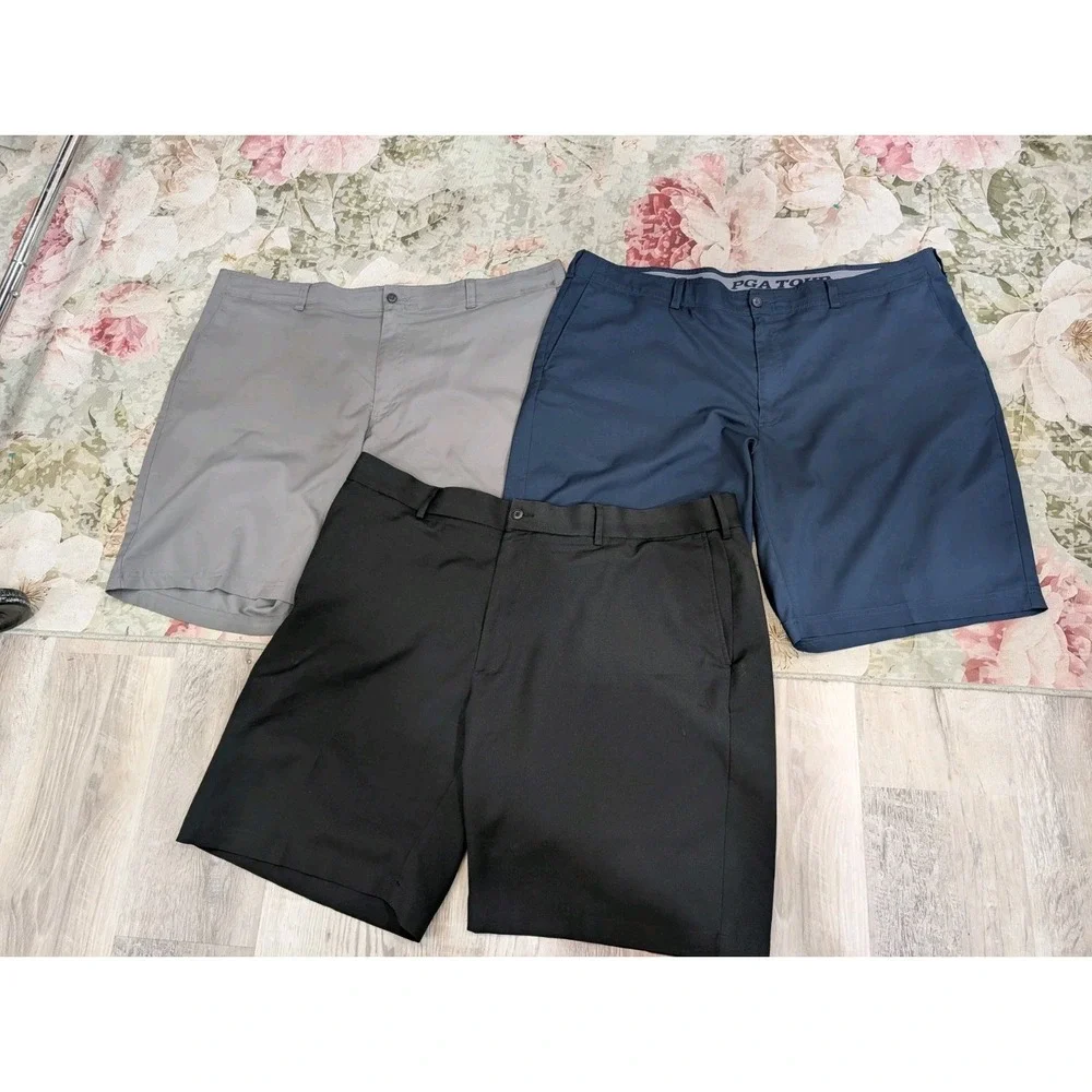 3 PGA Tour Men's 44 Golf Shorts Flat Front Stretch Navy Black Gray 10